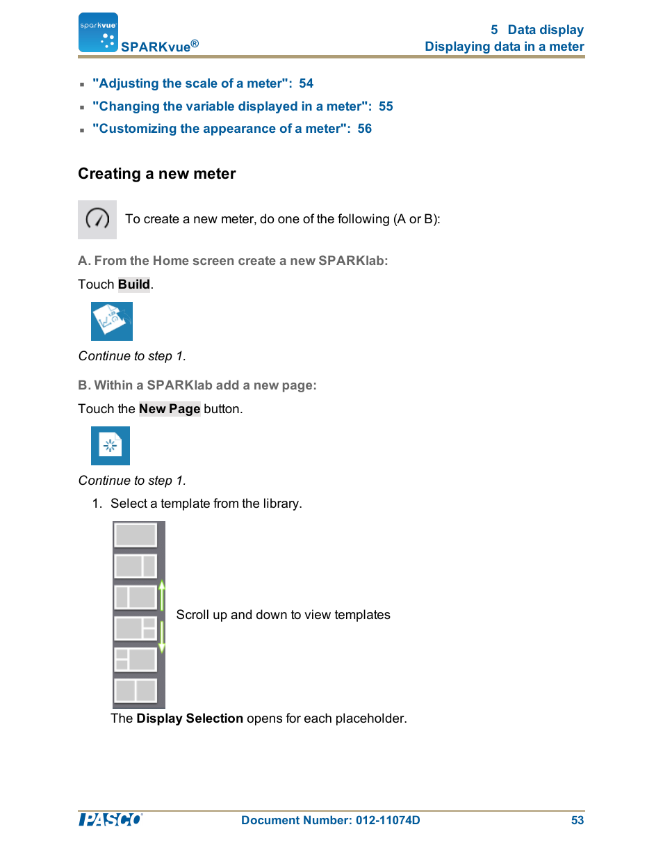 Creating a new meter, A. from the home screen create a new sparklab | PASCO SPARKvue ver.2.0 User Manual | Page 65 / 118
