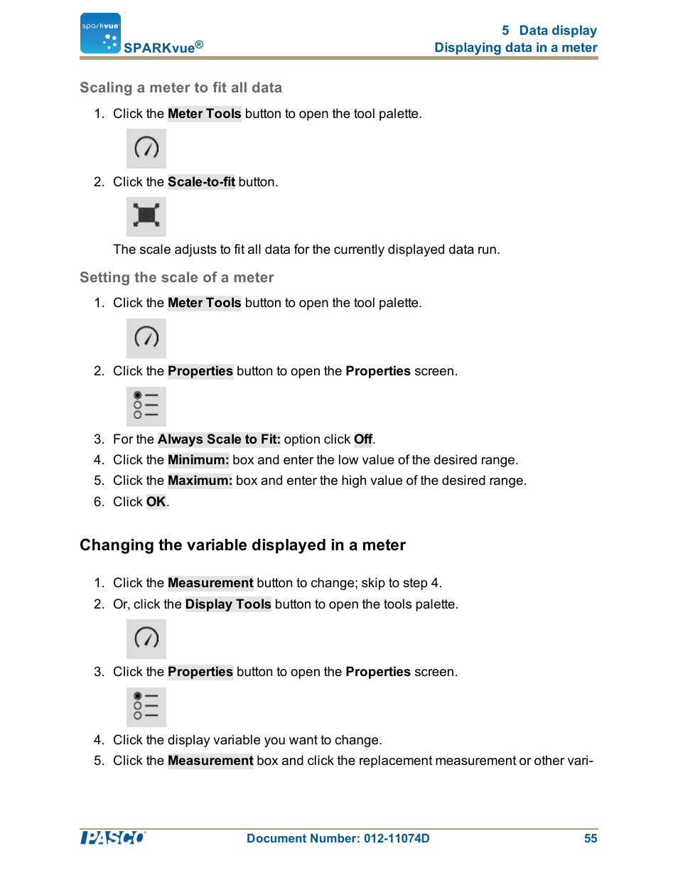 Scaling a meter to fit all data, Setting the scale of a meter, Changing the variable displayed in a meter | PASCO SPARKvue ver.2.0 User Manual | Page 67 / 118