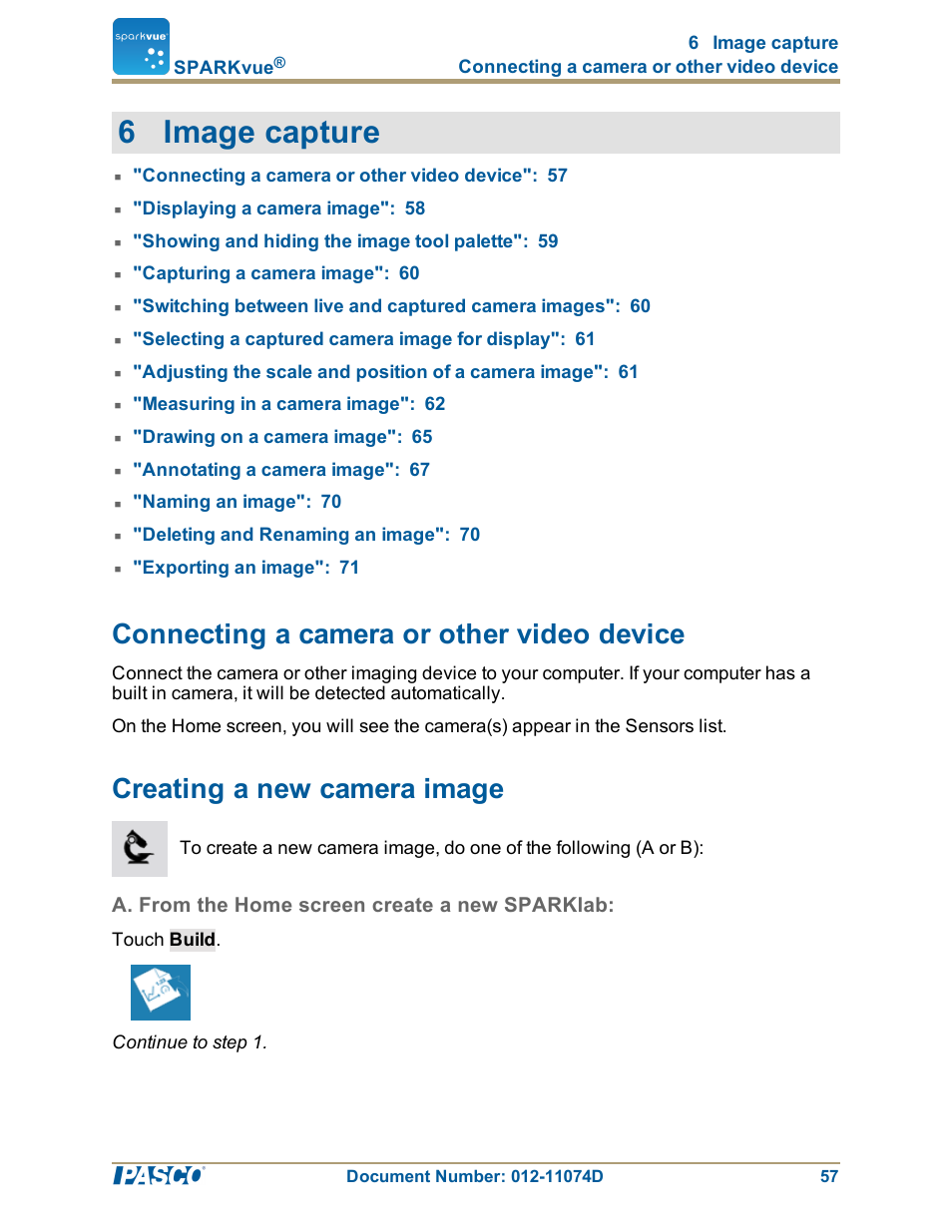 6 image capture, Connecting a camera or other video device, Creating a new camera image | A. from the home screen create a new sparklab | PASCO SPARKvue ver.2.0 User Manual | Page 69 / 118