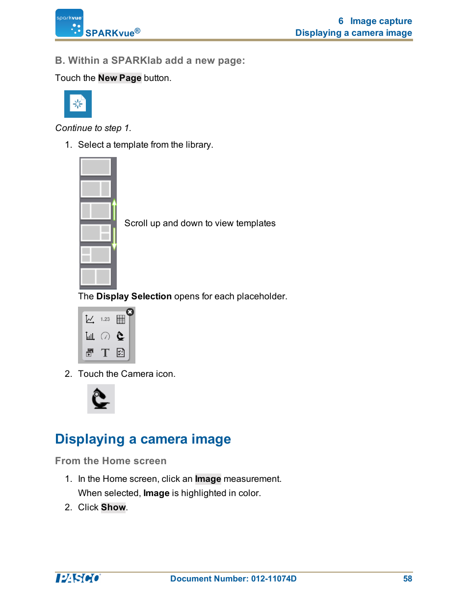 Displaying a camera image, From the home screen, Displaying a camera image": 58 | PASCO SPARKvue ver.2.0 User Manual | Page 70 / 118