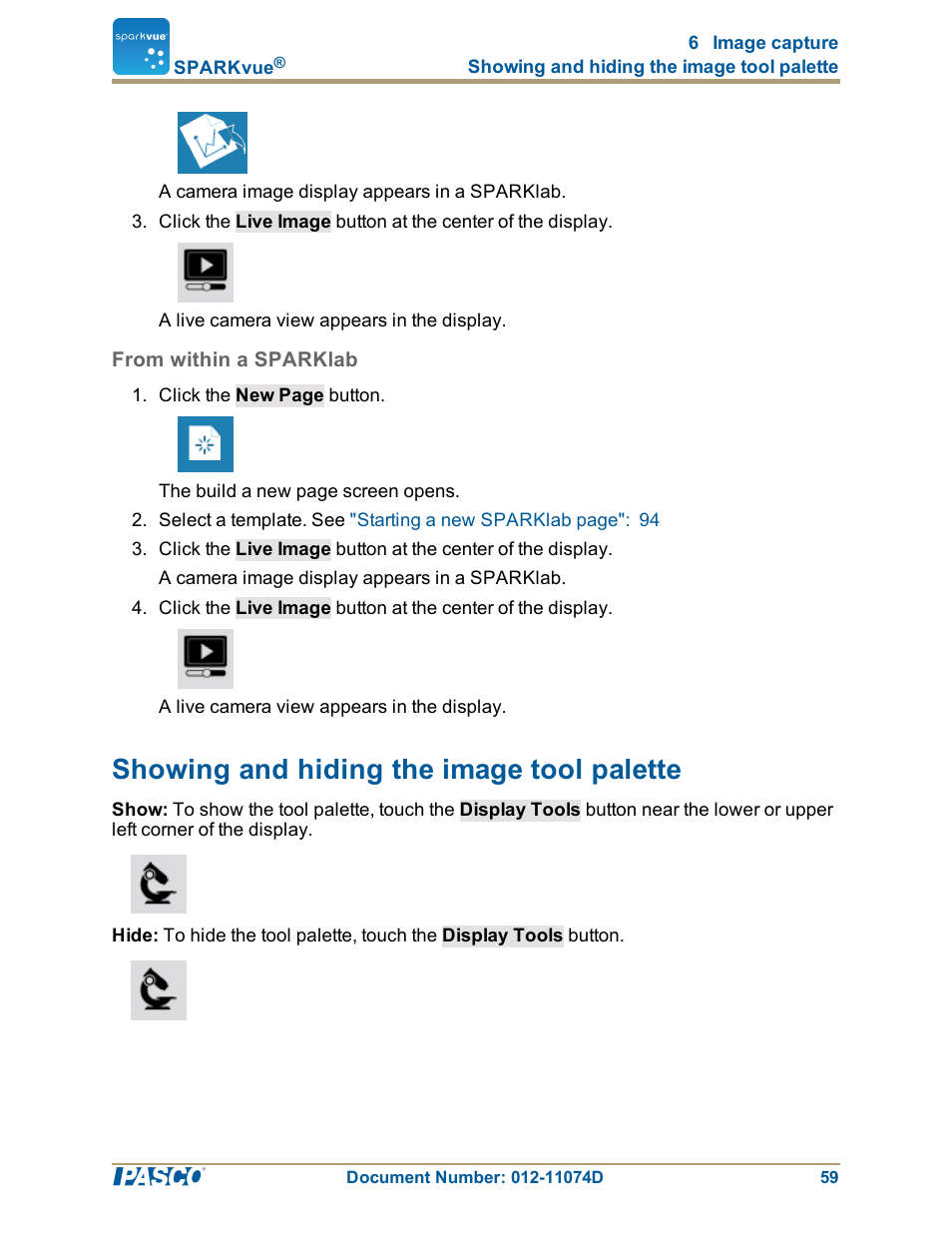 From within a sparklab, Showing and hiding the image tool palette, Showing and hiding the image tool palette": 59 | PASCO SPARKvue ver.2.0 User Manual | Page 71 / 118