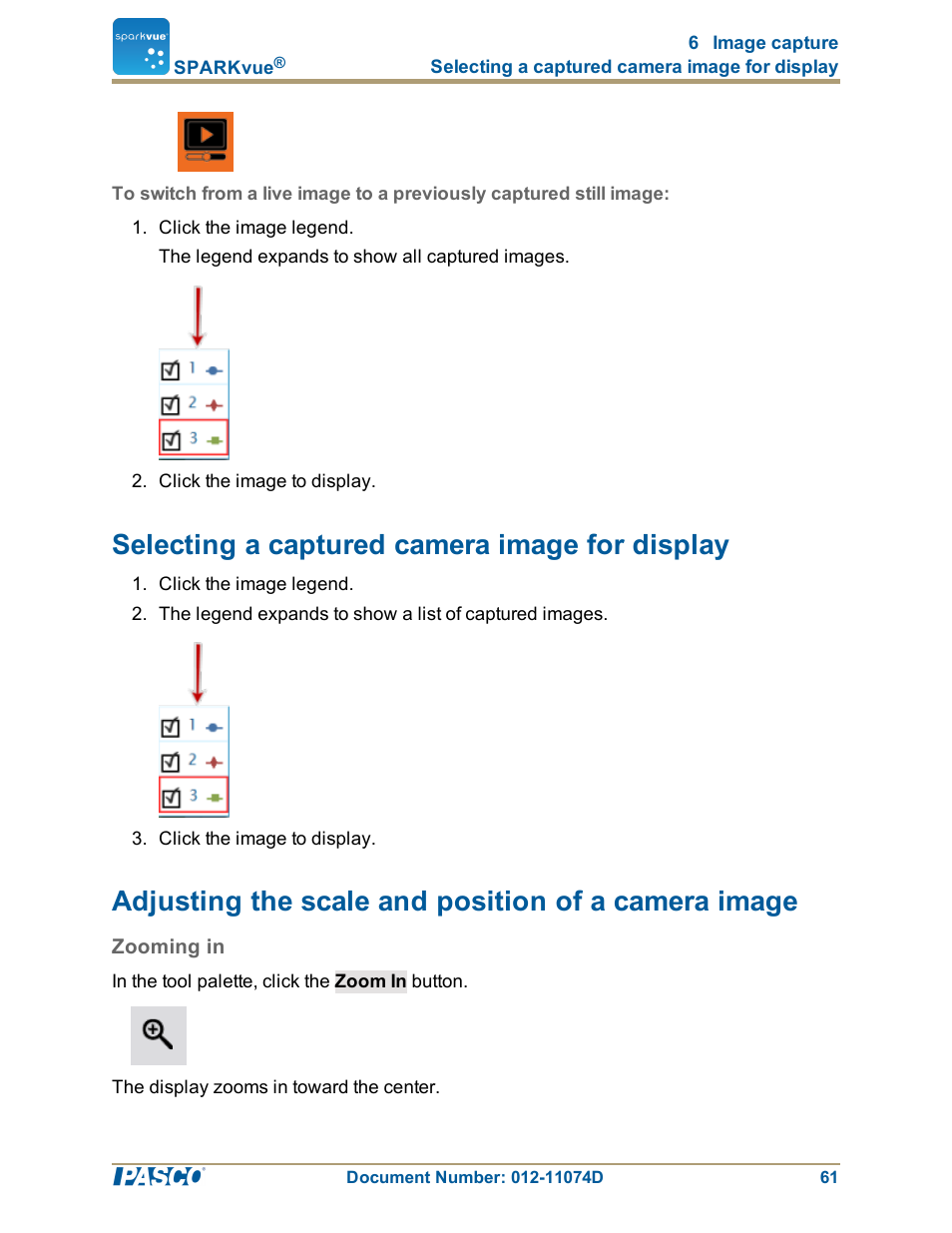 Selecting a captured camera image for display, Adjusting the scale and position of a camera image, Zooming in | Selecting a captured camera image for display": 61 | PASCO SPARKvue ver.2.0 User Manual | Page 73 / 118