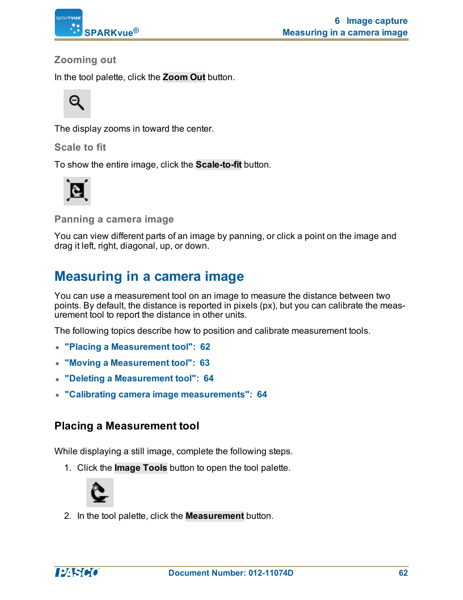 Zooming out, Scale to fit, Panning a camera image | Measuring in a camera image, Placing a measurement tool, Measuring in a camera image": 62 | PASCO SPARKvue ver.2.0 User Manual | Page 74 / 118