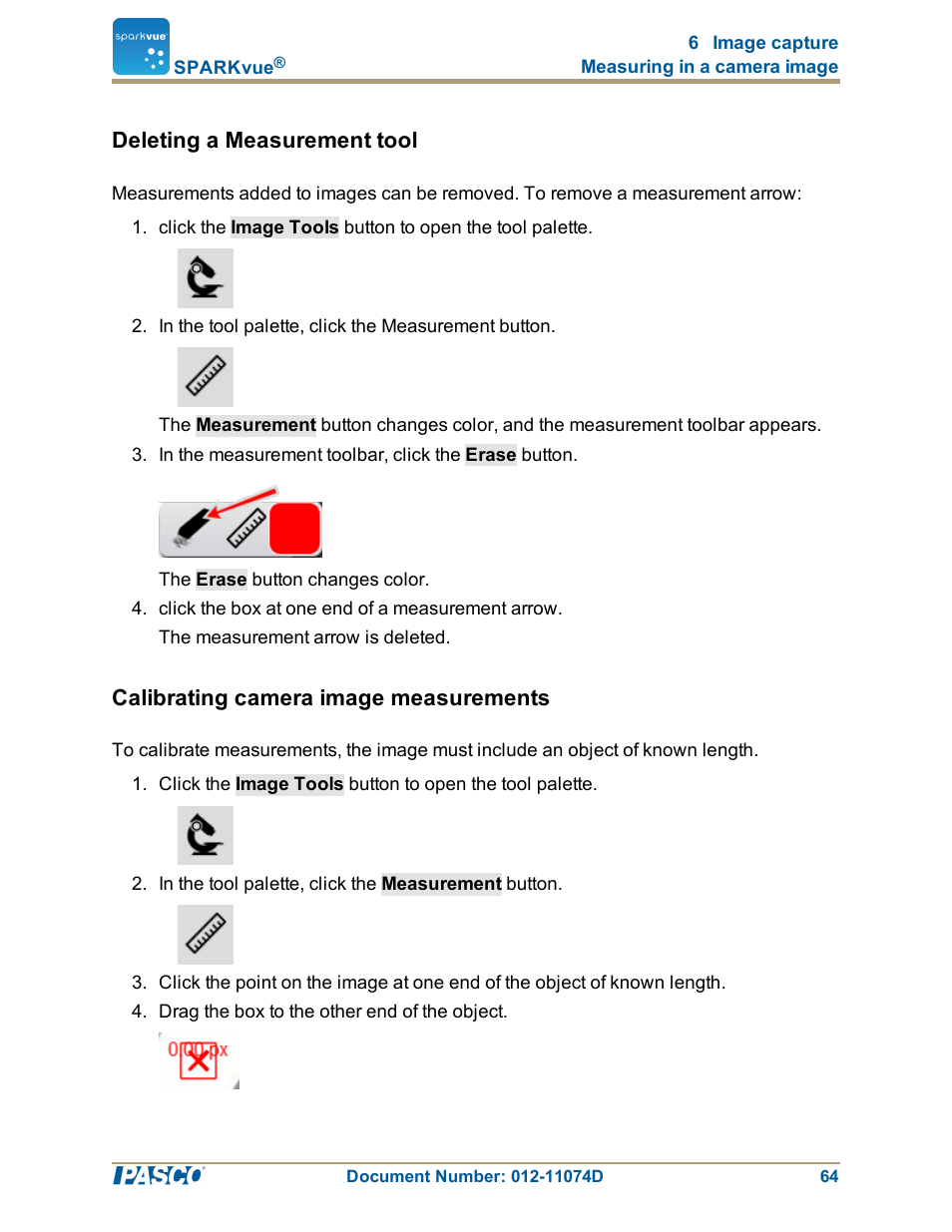 Deleting a measurement tool, Calibrating camera image measurements, Deleting a measurement tool": 64 | Calibrating camera image measurements": 64 | PASCO SPARKvue ver.2.0 User Manual | Page 76 / 118