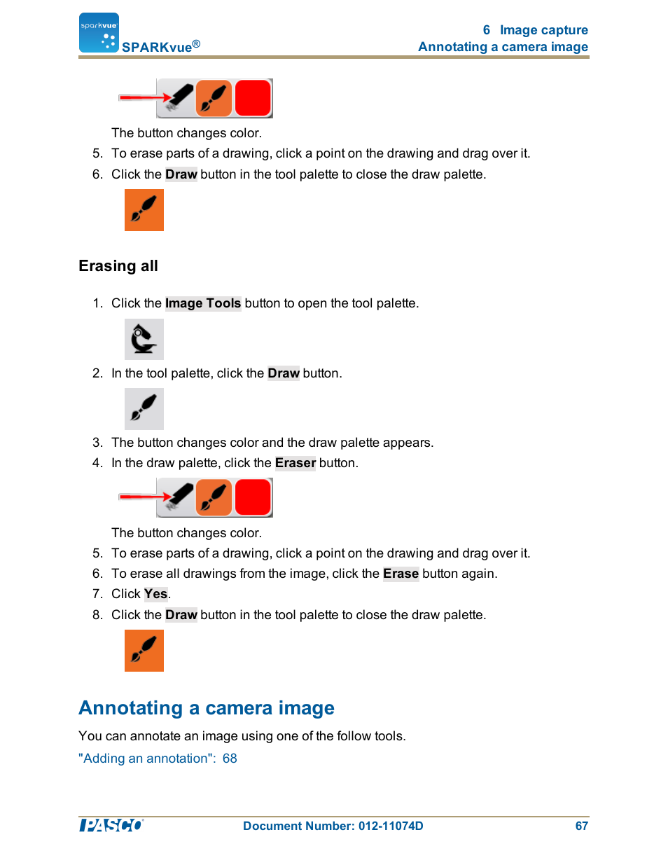 Erasing all, Annotating a camera image, Annotating a camera image": 67 | PASCO SPARKvue ver.2.0 User Manual | Page 79 / 118