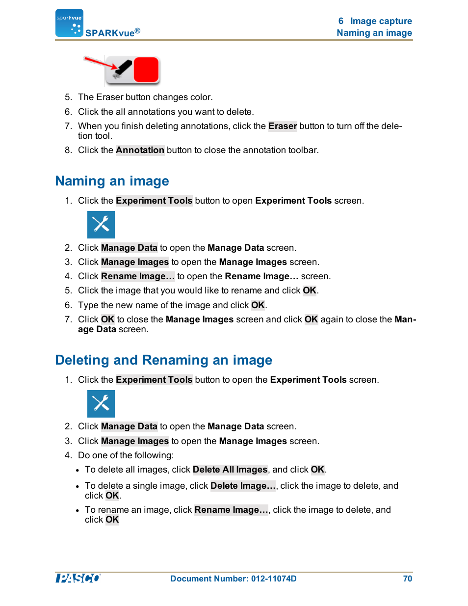 Naming an image, Deleting and renaming an image, Naming an image": 70 | Deleting and renaming an image": 70 | PASCO SPARKvue ver.2.0 User Manual | Page 82 / 118