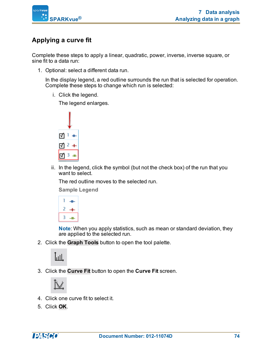 Applying a curve fit, Applying a curve fit": 74 | PASCO SPARKvue ver.2.0 User Manual | Page 86 / 118