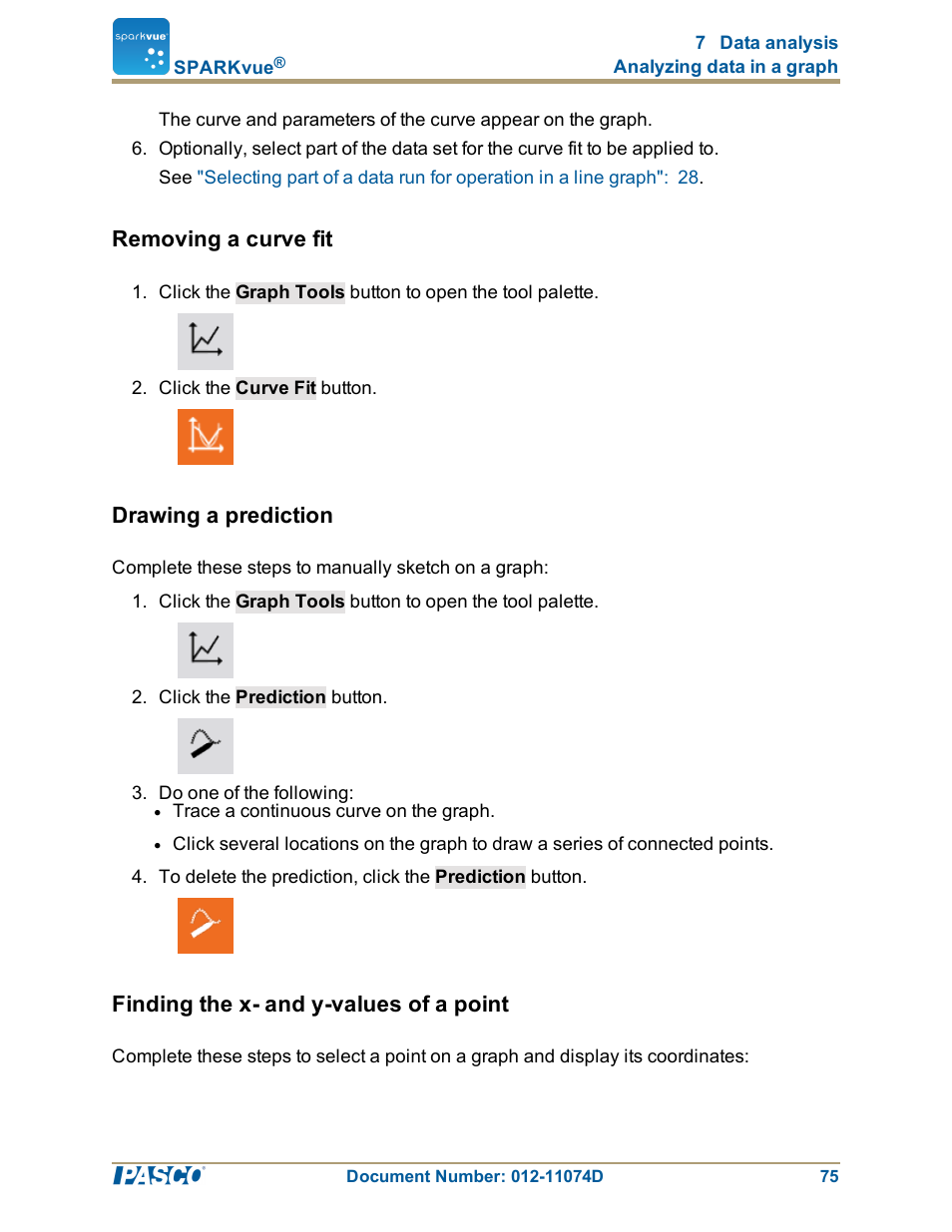 Removing a curve fit, Drawing a prediction, Finding the x- and y-values of a point | Removing a curve fit": 75, Drawing a prediction": 75, Finding the x- and y-values of a point": 75 | PASCO SPARKvue ver.2.0 User Manual | Page 87 / 118