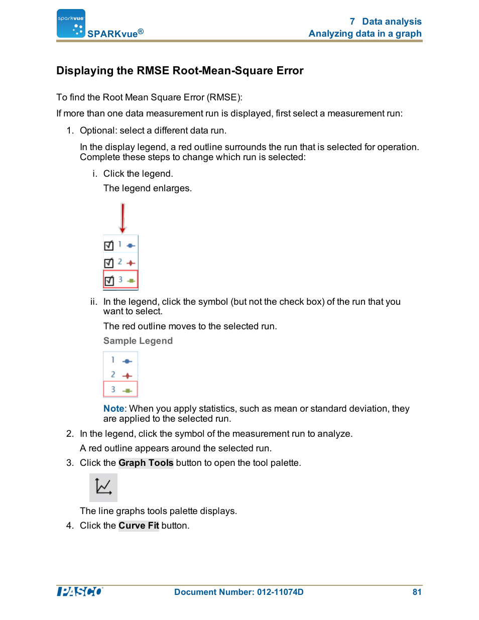 Displaying the rmse root-mean-square error, Displaying the rmse root-mean-square error": 81 | PASCO SPARKvue ver.2.0 User Manual | Page 93 / 118