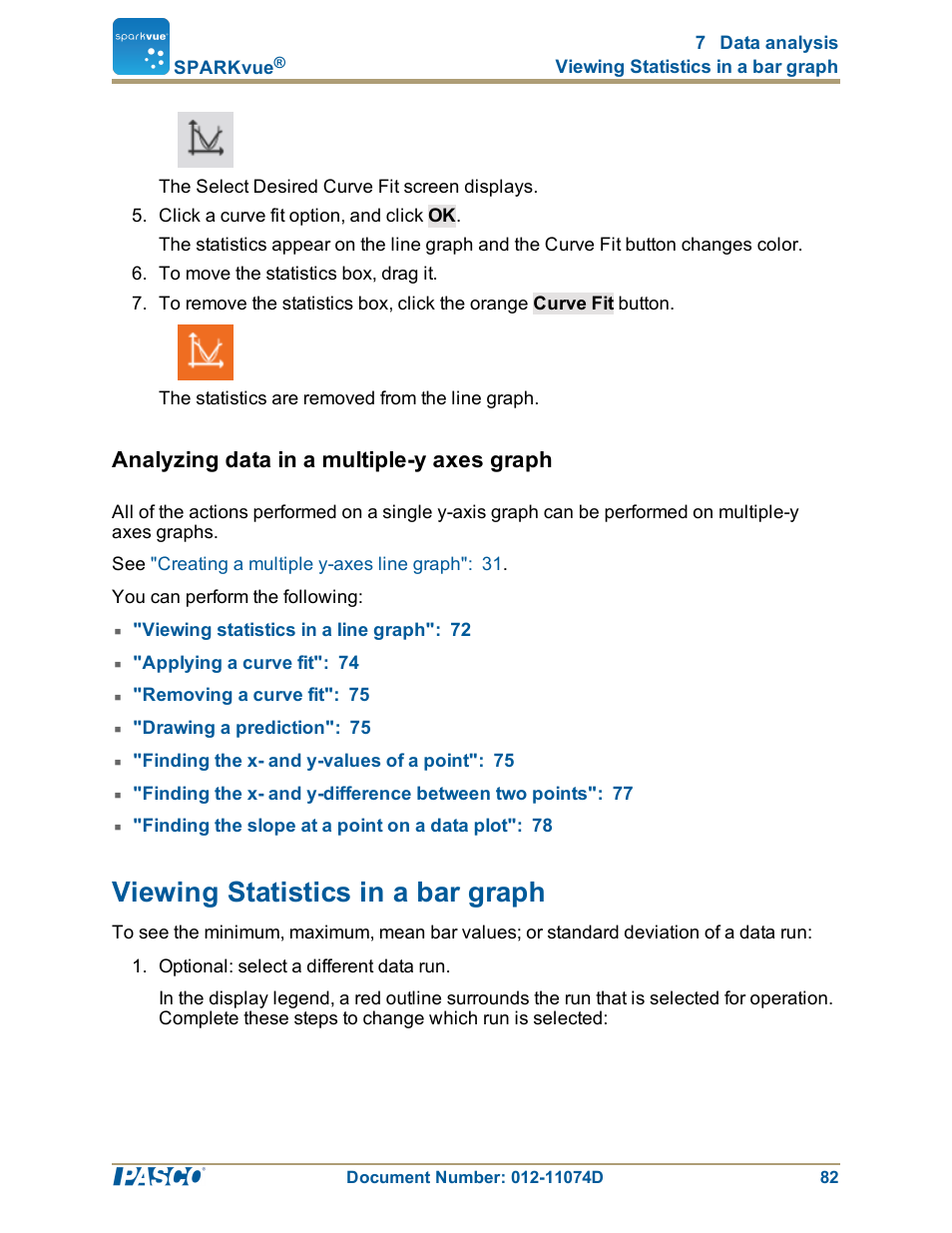 Analyzing data in a multiple-y axes graph, Viewing statistics in a bar graph, Analyzing data in a multiple-y axes graph": 82 | Viewing statistics in a bar graph": 82 | PASCO SPARKvue ver.2.0 User Manual | Page 94 / 118