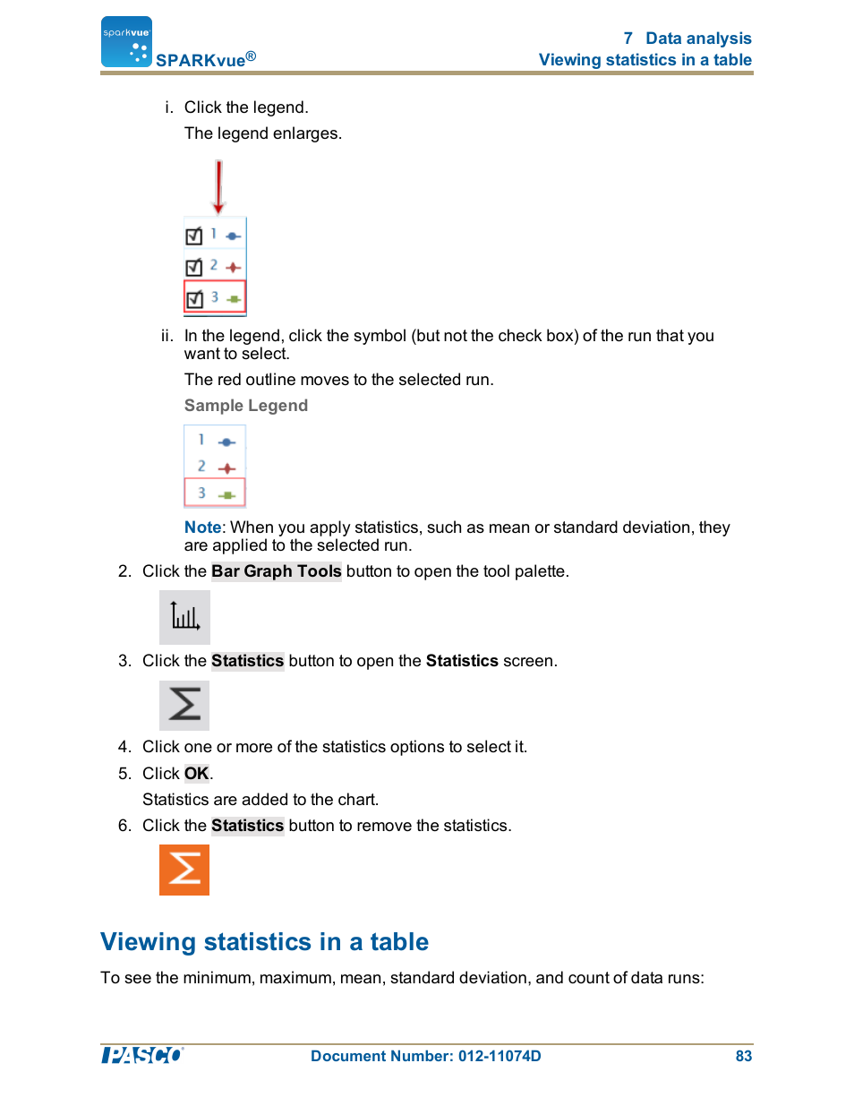 Viewing statistics in a table, Viewing statistics in a table": 83 | PASCO SPARKvue ver.2.0 User Manual | Page 95 / 118