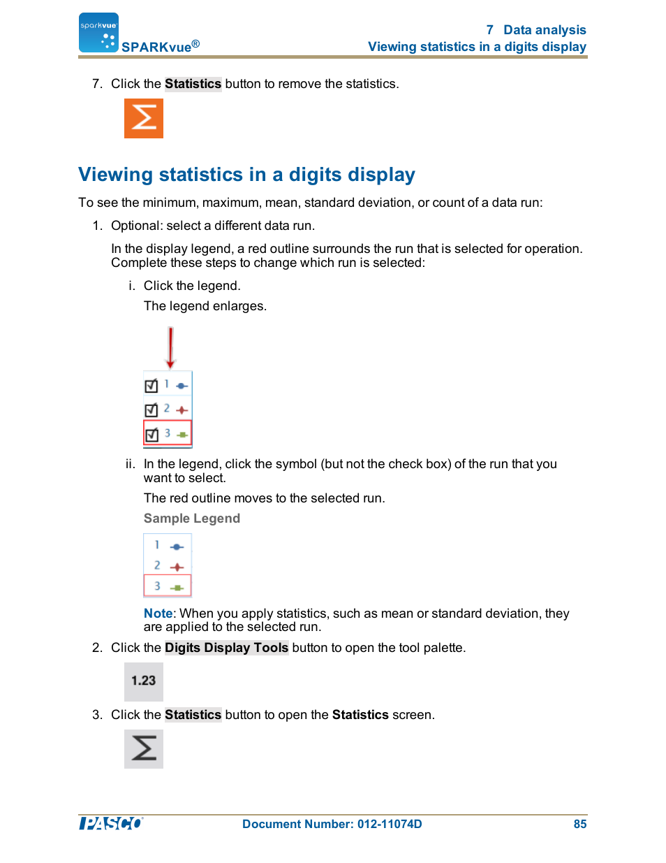 Viewing statistics in a digits display, Viewing statistics in a digits display": 85 | PASCO SPARKvue ver.2.0 User Manual | Page 97 / 118