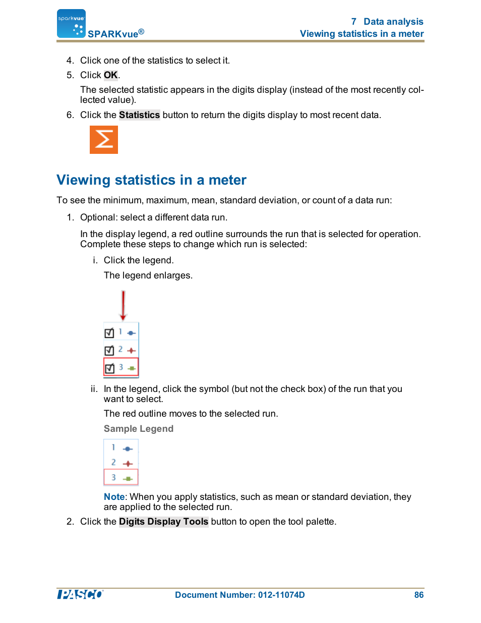 Viewing statistics in a meter, Viewing statistics in a meter": 86 | PASCO SPARKvue ver.2.0 User Manual | Page 98 / 118
