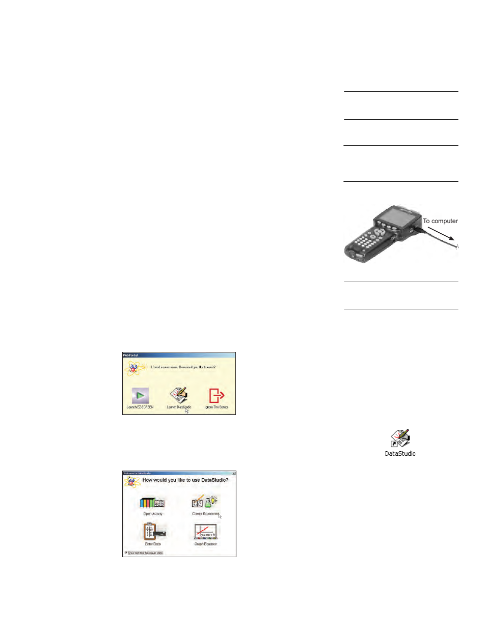 Chapter 6: using the xplorer glx with a computer, Glx with datastudio, Connecting the glx to a computer | Launching datastudio, Chapter 6: using the xplorer glx, With a computer, Glx with datastudio | PASCO Xplorer-GLX Users’ Guide User Manual | Page 105 / 152