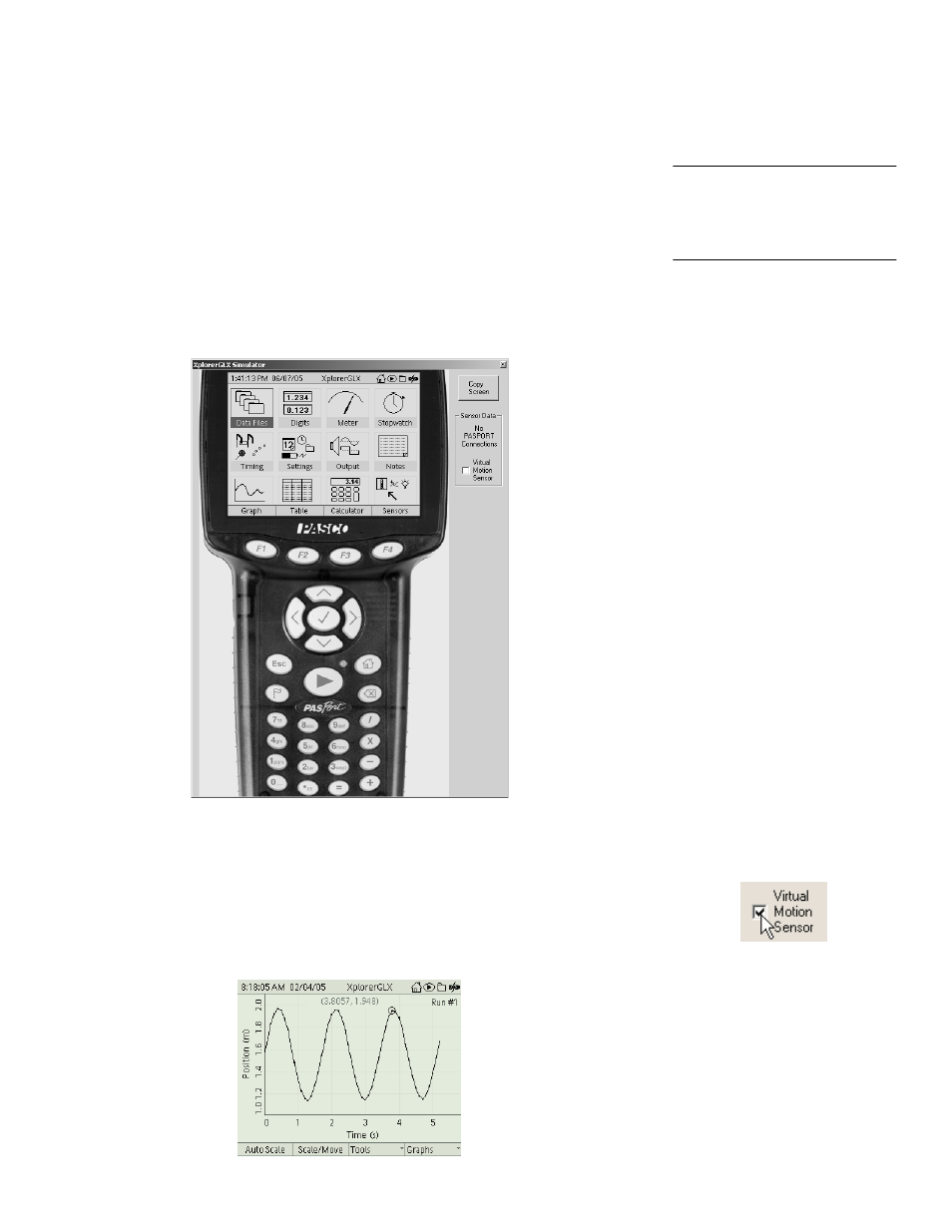 Glx simulator, Virtual motion sensor | PASCO Xplorer-GLX Users’ Guide User Manual | Page 109 / 152