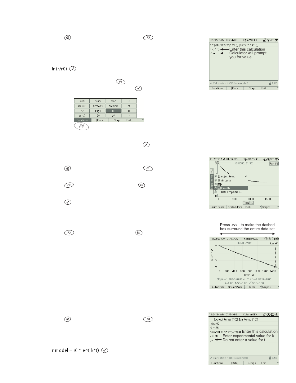 Ln(r/r0), R model = r0 * e^(-k*t) | PASCO Xplorer-GLX Users’ Guide User Manual | Page 125 / 152