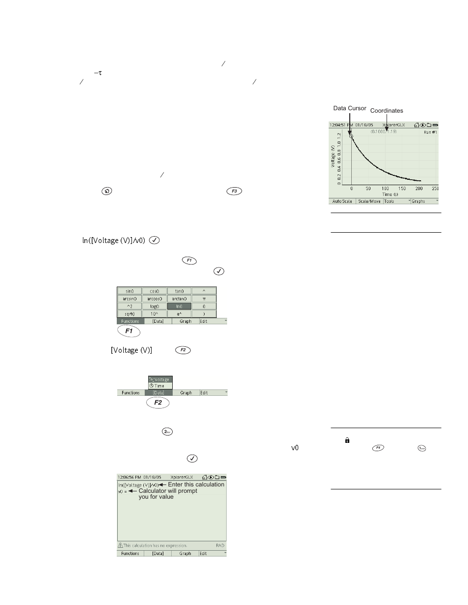 Analysis, Ln([voltage (v)]/v0), Voltage (v) | PASCO Xplorer-GLX Users’ Guide User Manual | Page 139 / 152