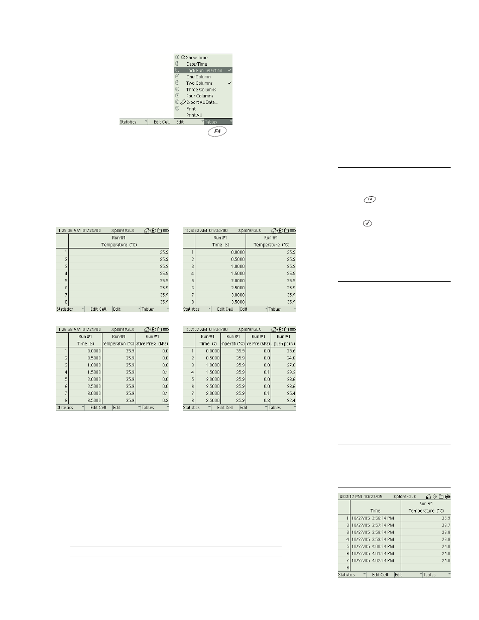 F4 tables | PASCO Xplorer-GLX Users’ Guide User Manual | Page 37 / 152