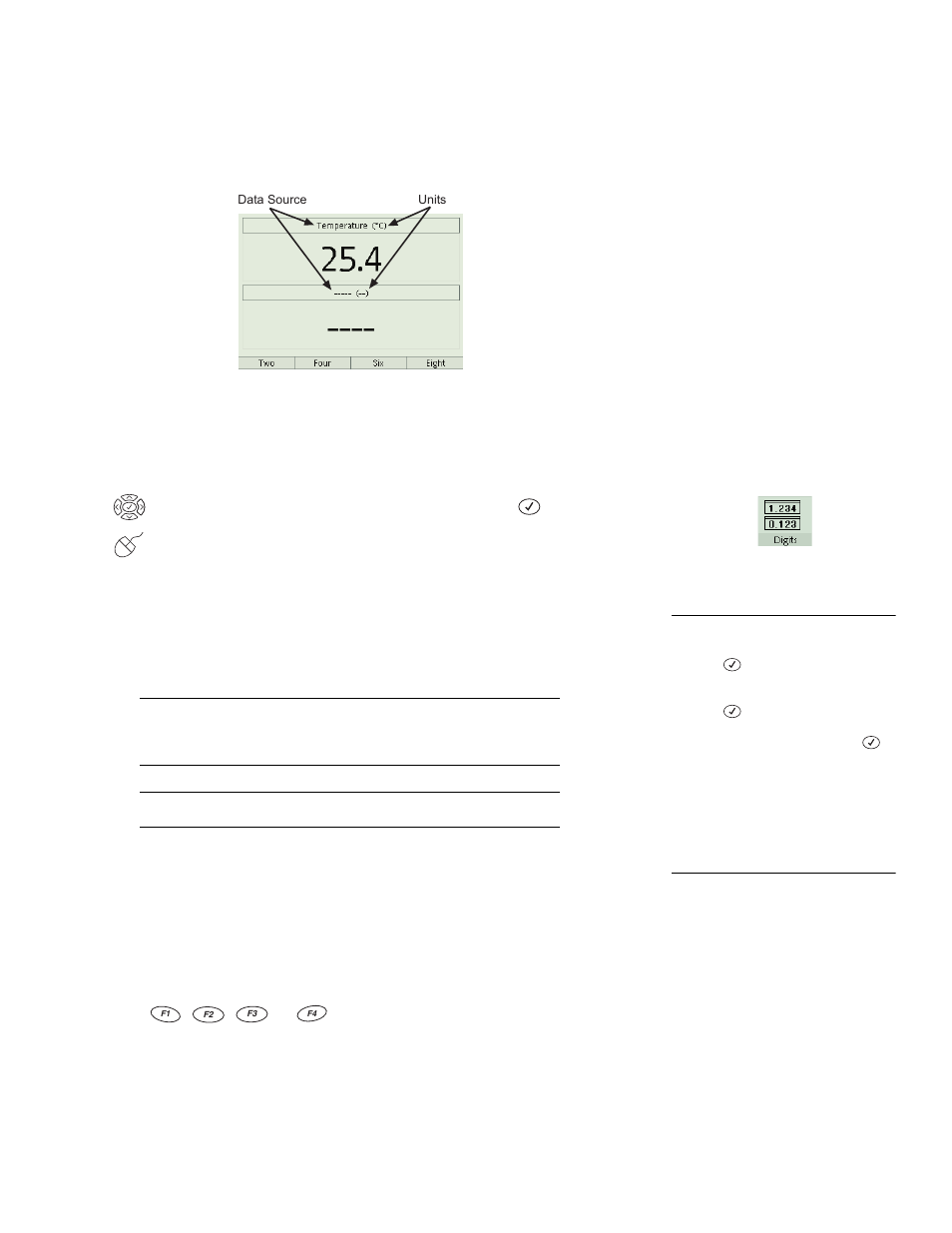 Digits display, To open the digits display, Choosing data to display | Digits function keys | PASCO Xplorer-GLX Users’ Guide User Manual | Page 43 / 152