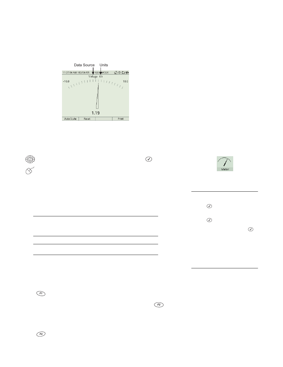 Meter, To open the meter display, Choosing data to display | Auto scale and reset, Print | PASCO Xplorer-GLX Users’ Guide User Manual | Page 44 / 152