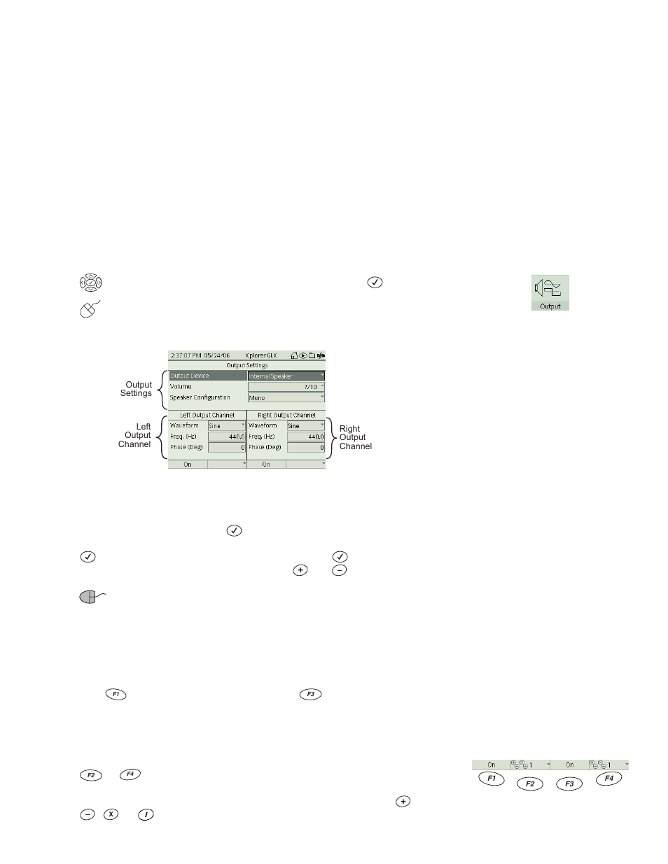 Chapter 2: utility screens, Output, To open the output screen | Navigating in the output screen, Output function keys, Chapter 2: utility screens output | PASCO Xplorer-GLX Users’ Guide User Manual | Page 45 / 152