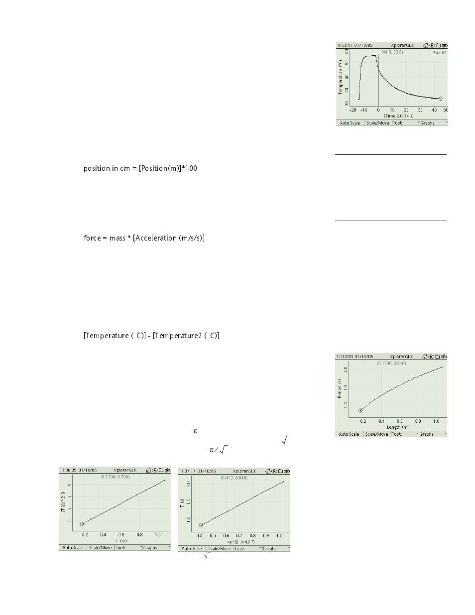 Position in cm = [position(m)]*100, Force = mass * [acceleration (m/s/s), Temperature | C)] - [temperature2 | PASCO Xplorer-GLX Users’ Guide User Manual | Page 53 / 152