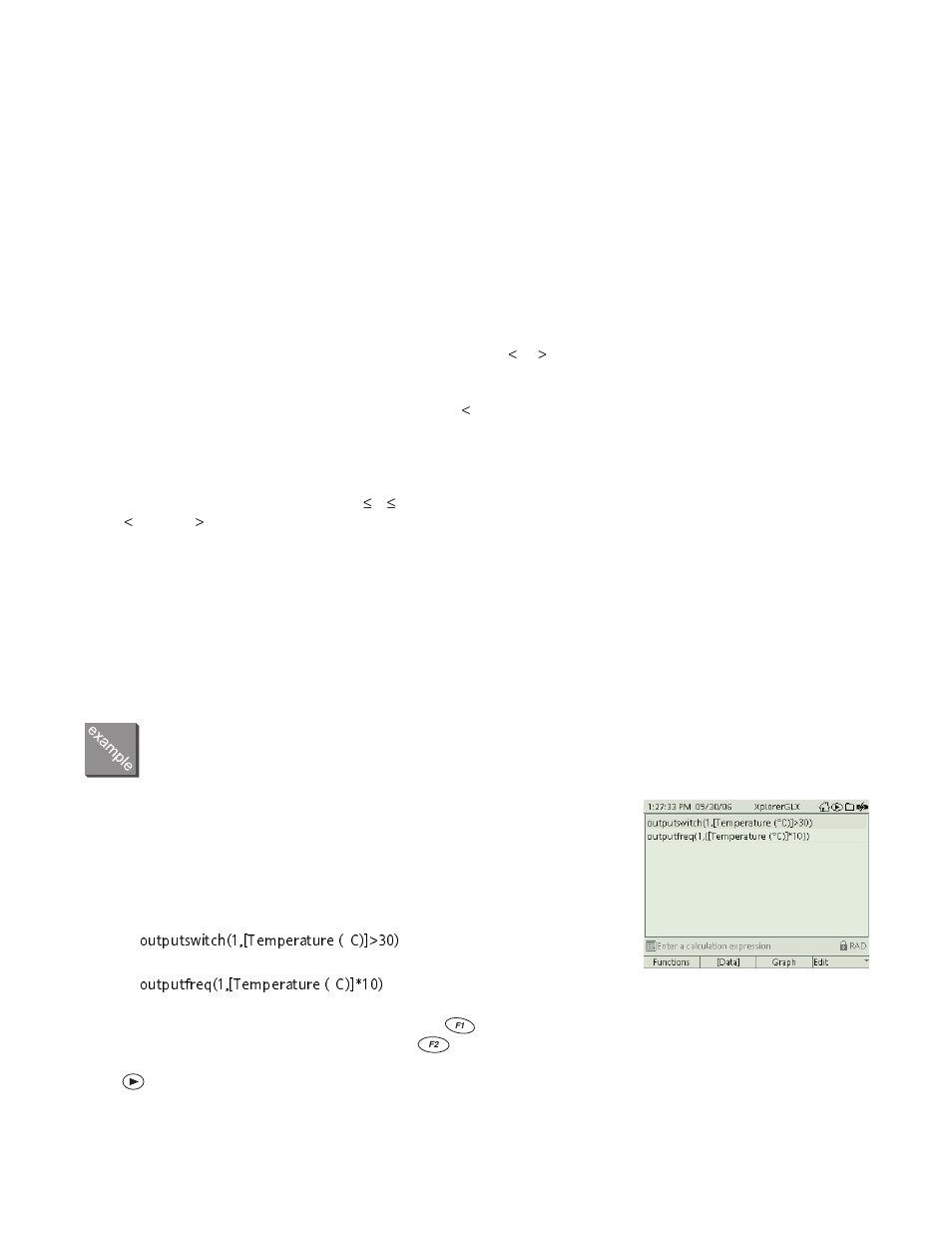 Outputswitch(1,[temperature, C)]>30) outputfreq(1,[temperature, C)]*10) | PASCO Xplorer-GLX Users’ Guide User Manual | Page 58 / 152