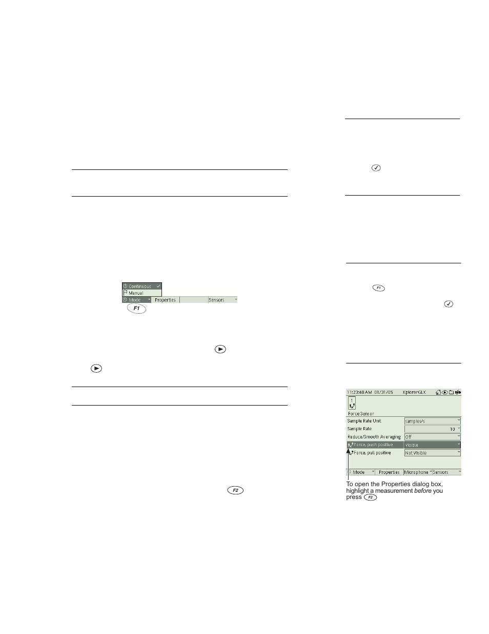 Sensors function keys, F1 mode, F2 data properties | PASCO Xplorer-GLX Users’ Guide User Manual | Page 63 / 152