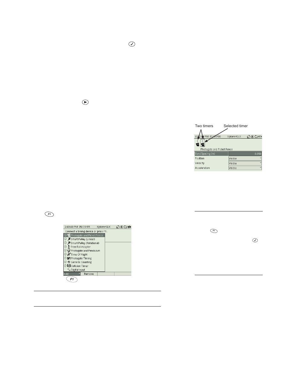 Viewing and collecting data from a timing sensor, Working with multiple timers, Timing screen function keys | 64 thr, F1 add | PASCO Xplorer-GLX Users’ Guide User Manual | Page 70 / 152