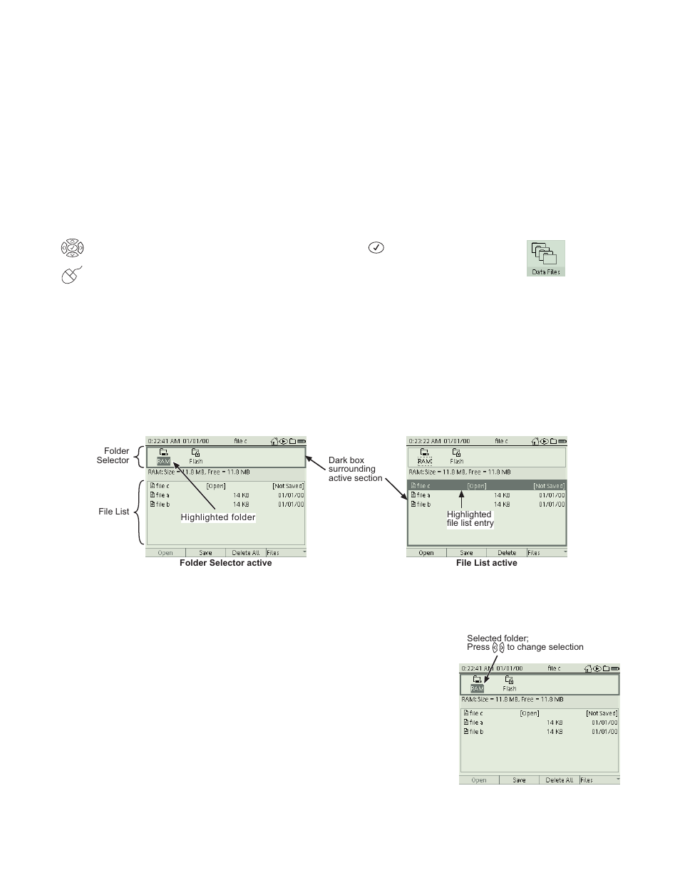 Data files screen, To open the data files screen, Navigating in the data files screen | PASCO Xplorer-GLX Users’ Guide User Manual | Page 84 / 152