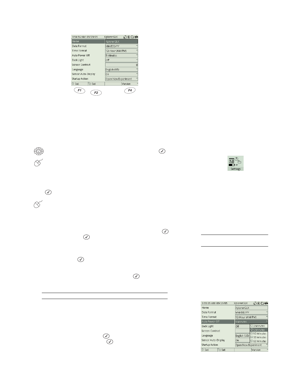 Settings screen, To open the settings screen, Settings | PASCO Xplorer-GLX Users’ Guide User Manual | Page 91 / 152