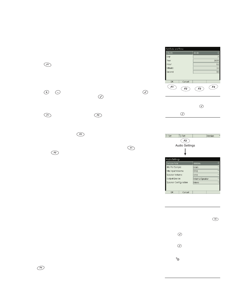 Settings screen function keys, E “f1 set date and time, F1 set date and time | F2 audio settings dialog box, F4 version | PASCO Xplorer-GLX Users’ Guide User Manual | Page 93 / 152