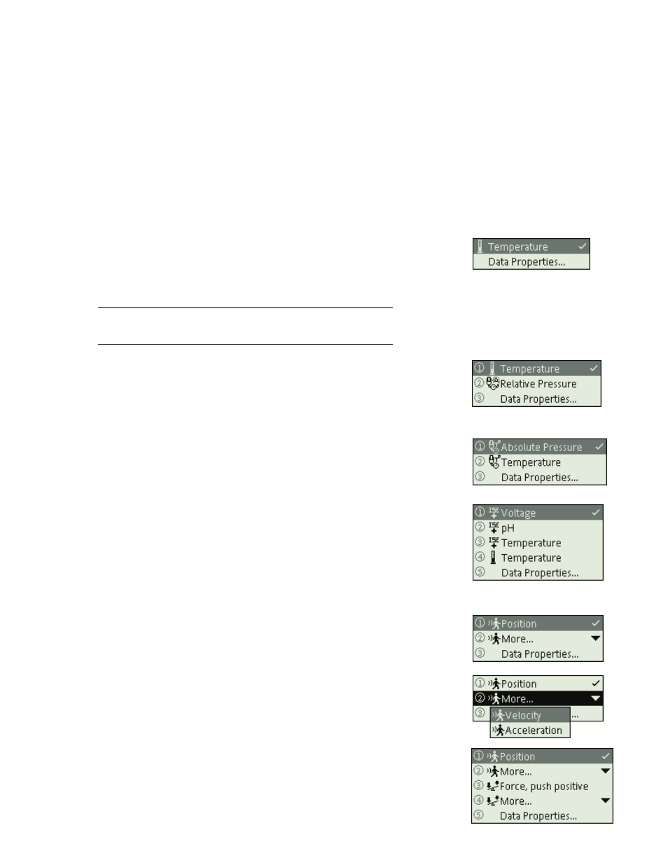 Chapter 4: navigation and input, Data source menus, Identifying a data source | Expanding the data source menu, Chapter 4: navigation and input data source menus | PASCO Xplorer-GLX Users’ Guide User Manual | Page 95 / 152