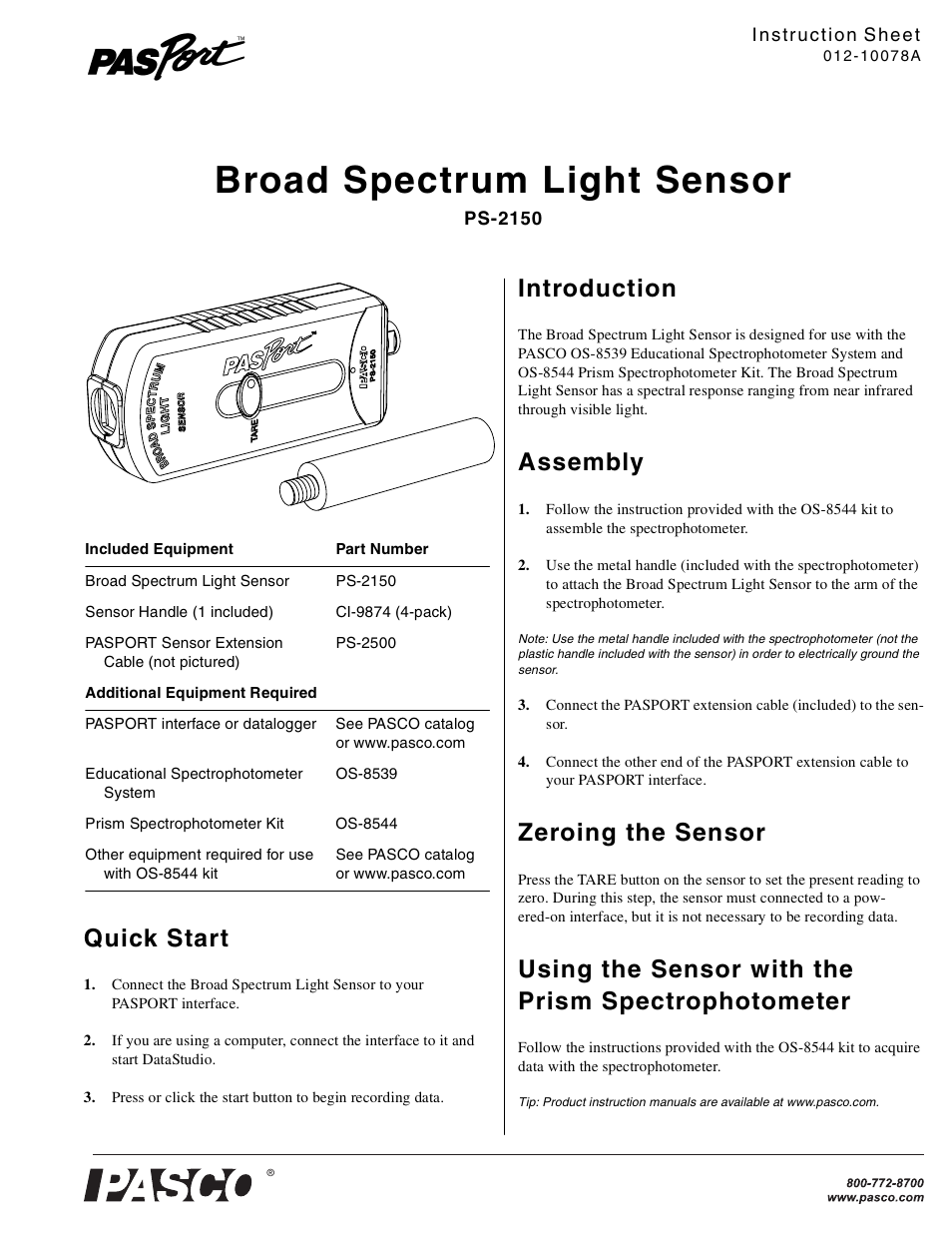PASCO PS-2150 Broad Spectrum Light Sensor User Manual | 2 pages