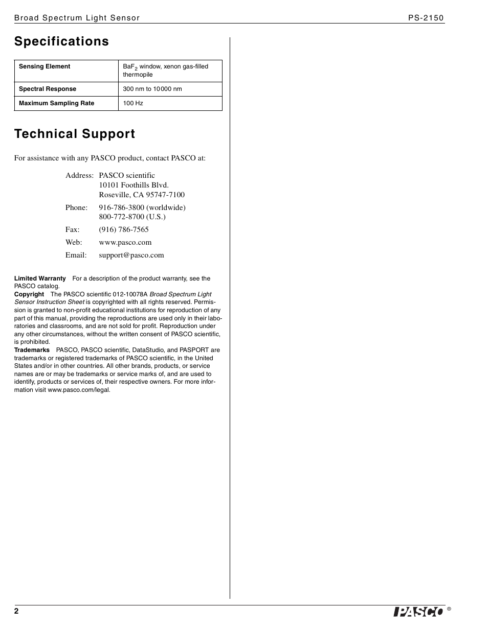 Specifications technical support | PASCO PS-2150 Broad Spectrum Light Sensor User Manual | Page 2 / 2