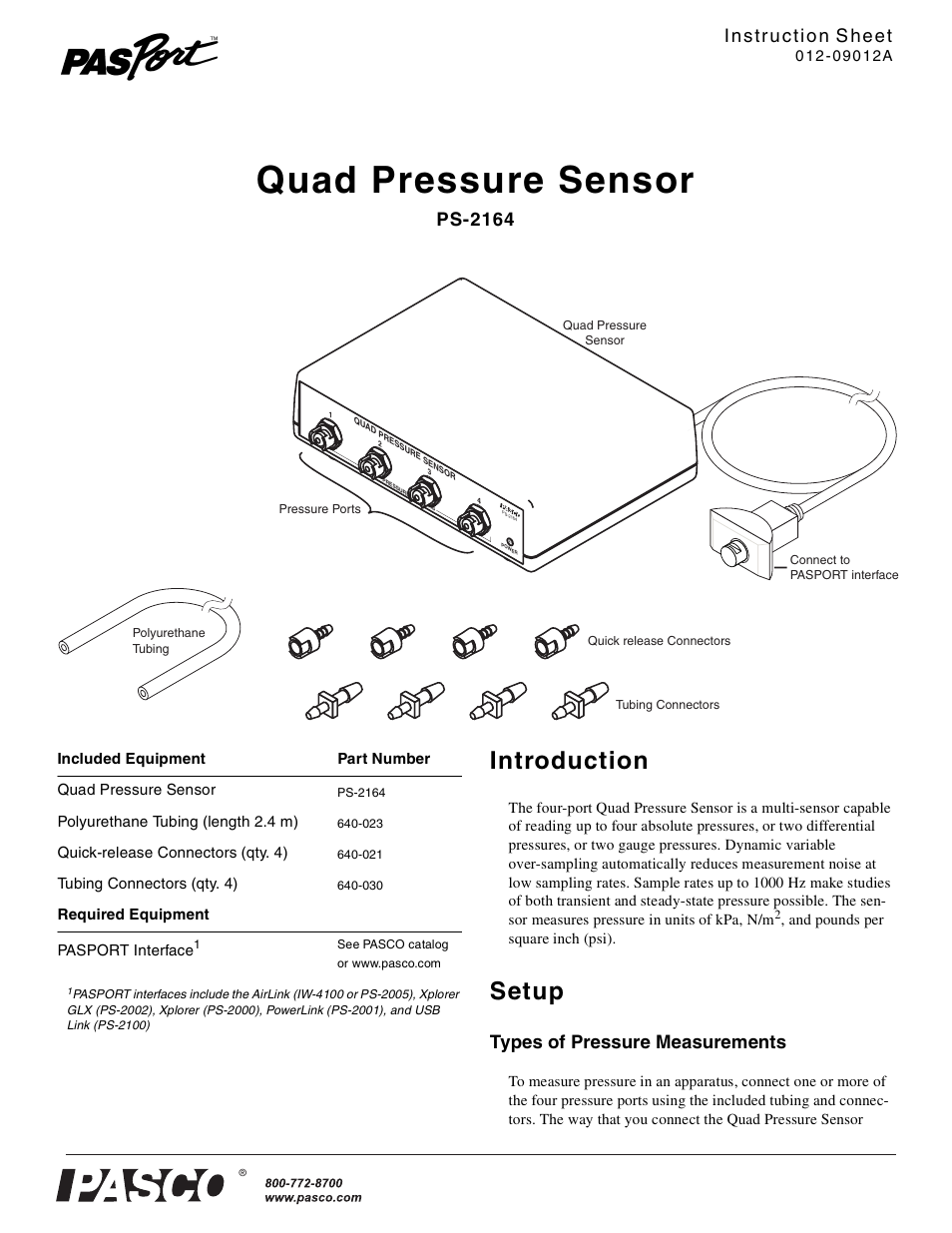 PASCO PS-2164 Quad Pressure Sensor User Manual | 3 pages