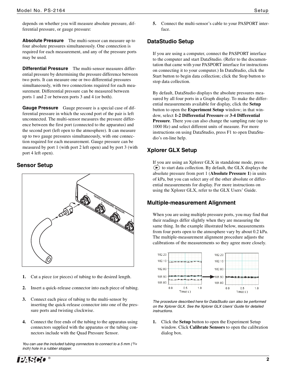 Sensor setup, Datastudio setup, Xplorer glx setup | Multiple-measurement alignment | PASCO PS-2164 Quad Pressure Sensor User Manual | Page 2 / 3