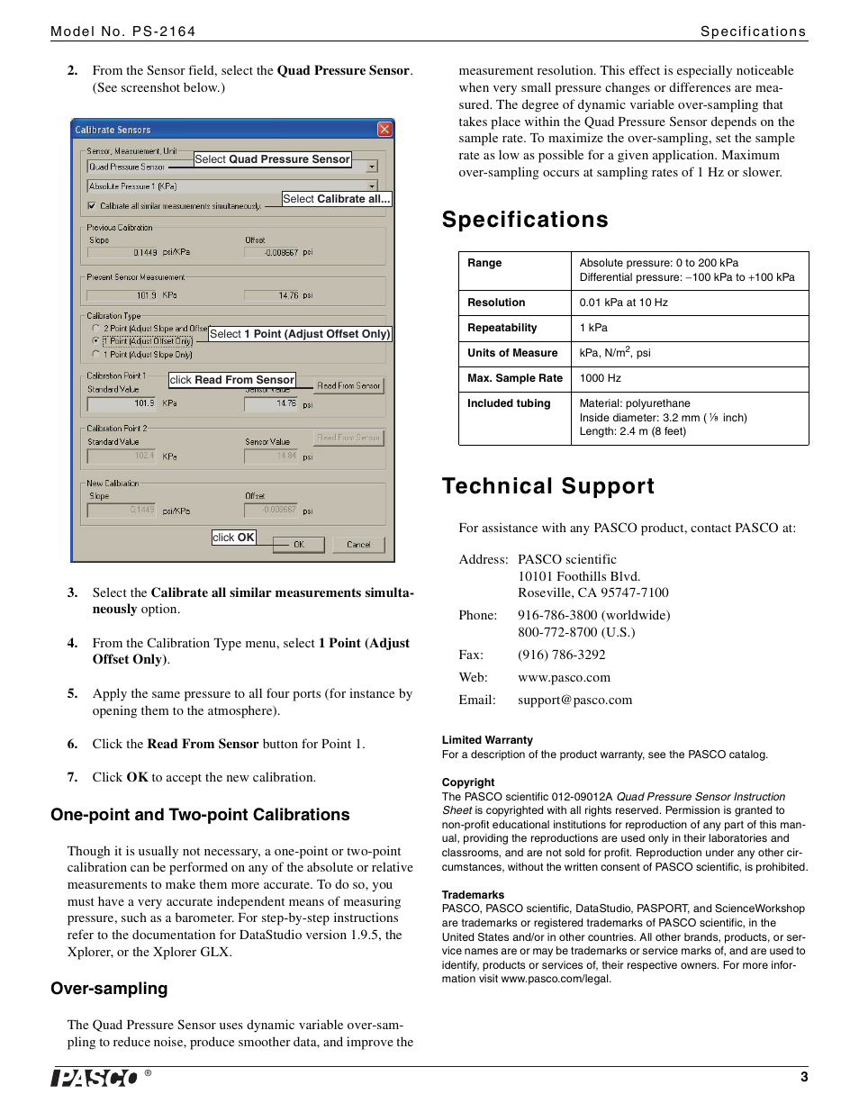 Specifications technical support, One-point and two-point calibrations, Over-sampling | PASCO PS-2164 Quad Pressure Sensor User Manual | Page 3 / 3