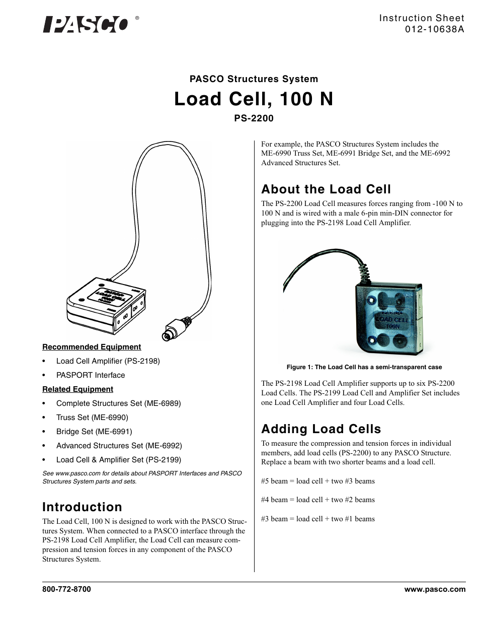 PASCO PS-2200 Load Cell, 100 N User Manual | 3 pages