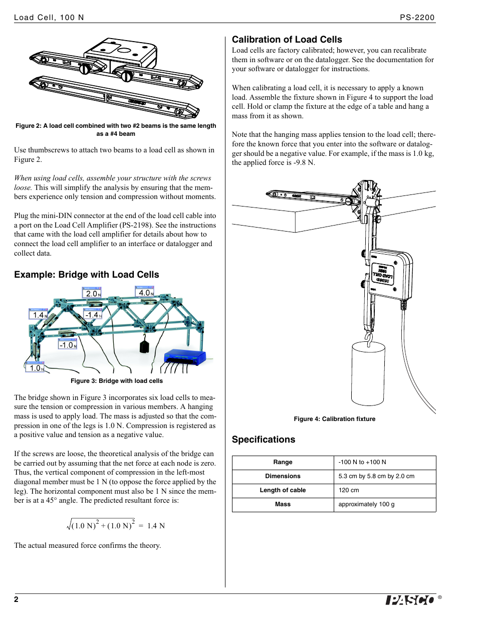 Example: bridge with load cells, Calibration of load cells, Specifications | PASCO PS-2200 Load Cell, 100 N User Manual | Page 2 / 3