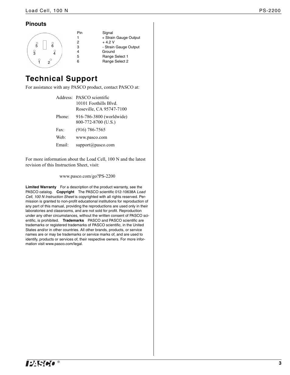 Technical support, Pinouts | PASCO PS-2200 Load Cell, 100 N User Manual | Page 3 / 3