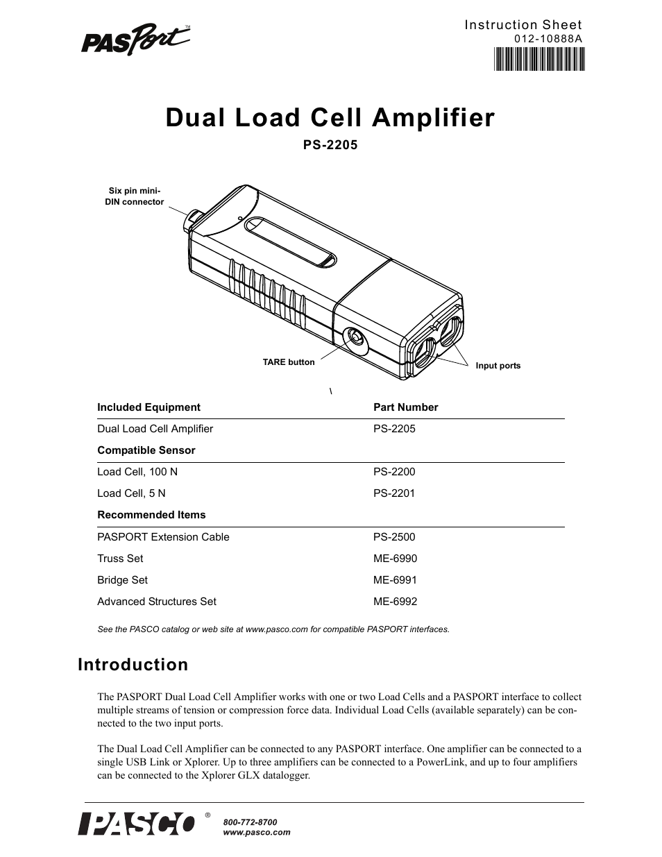 PASCO PS-2205 Dual Load Cell Amplifier User Manual | 5 pages