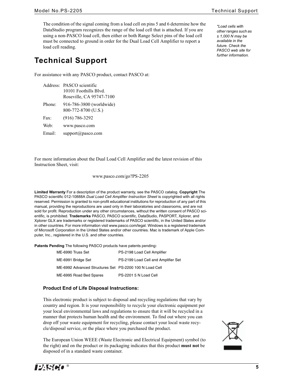 Technical support | PASCO PS-2205 Dual Load Cell Amplifier User Manual | Page 5 / 5