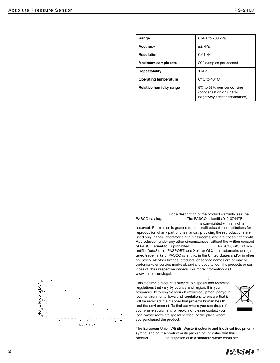 Units, Calibration, Sample experiment: boyle’s law | Specifications, Technical support, Specifications technical support | PASCO PS-2107 Absolute Pressure Sensor User Manual | Page 2 / 2