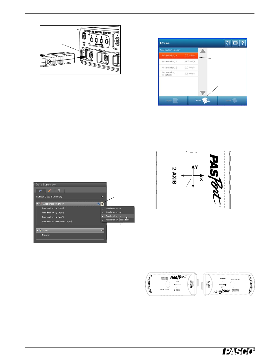 Direction of sensitivity | PASCO PS-2118 2-Axis Acceleration Sensor User Manual | Page 2 / 4