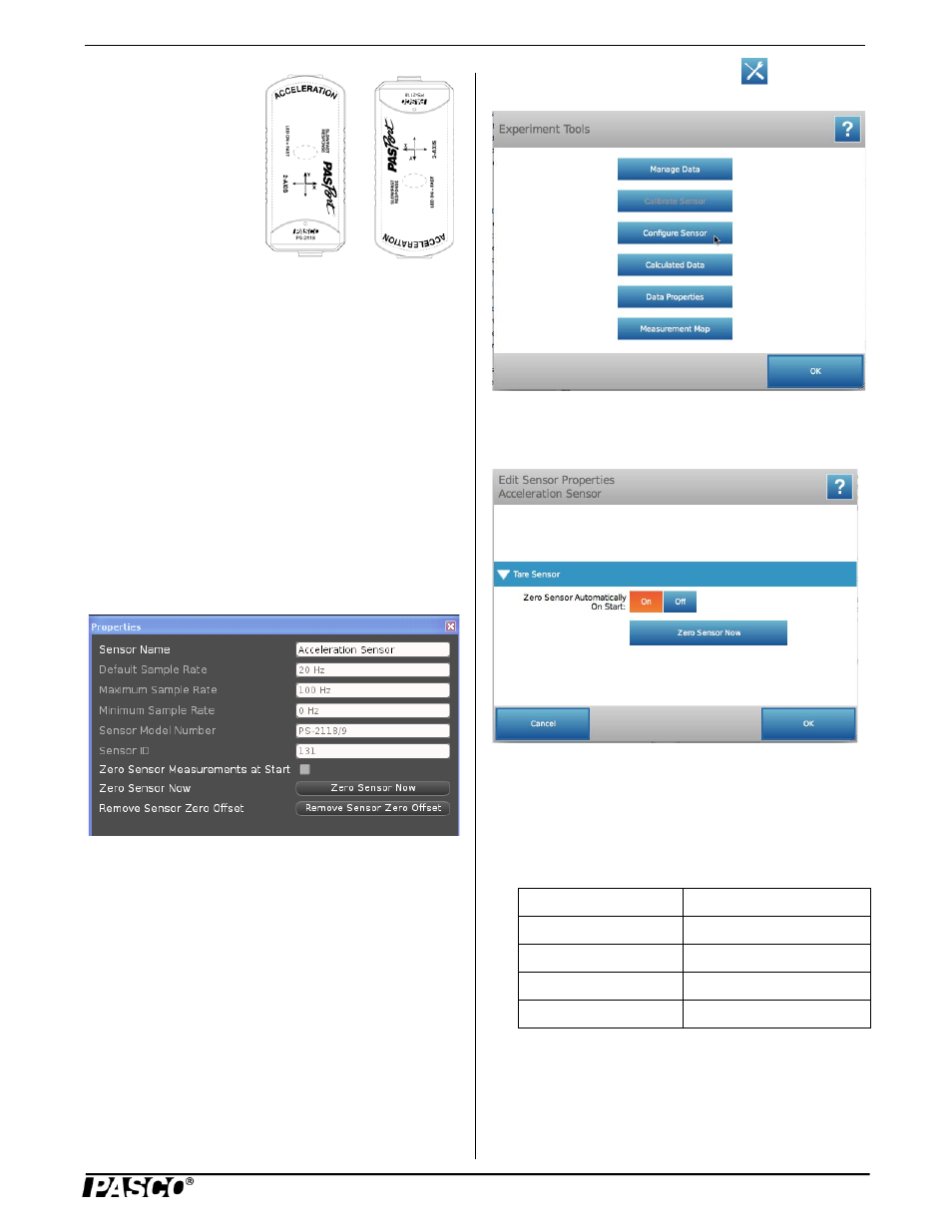 Specifications, Calibrating the sensor, Zeroing the sensor | PASCO PS-2118 2-Axis Acceleration Sensor User Manual | Page 3 / 4