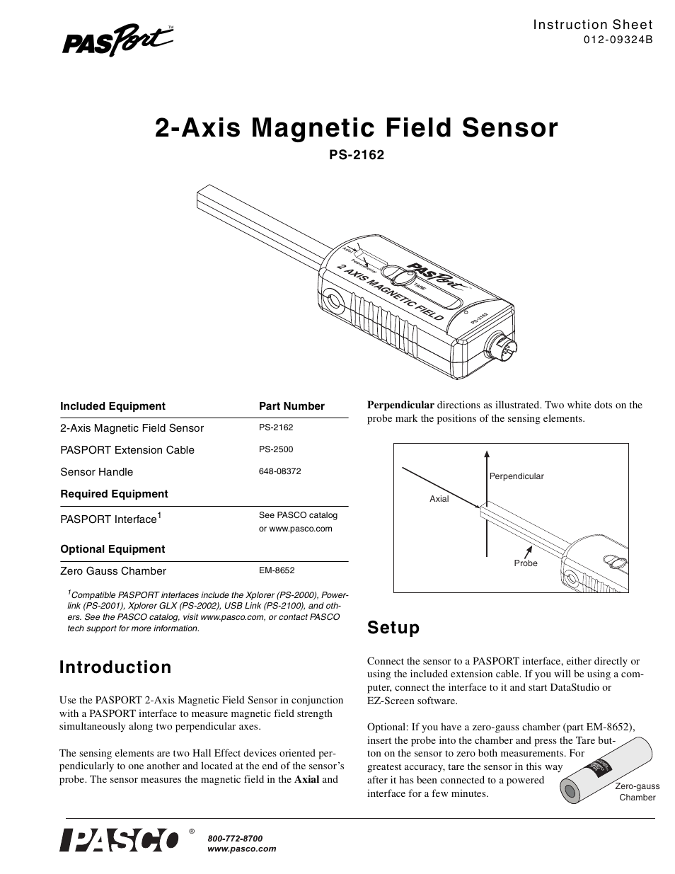 PASCO PS-2162 2-Axis Magnetic Field Sensor User Manual | 2 pages