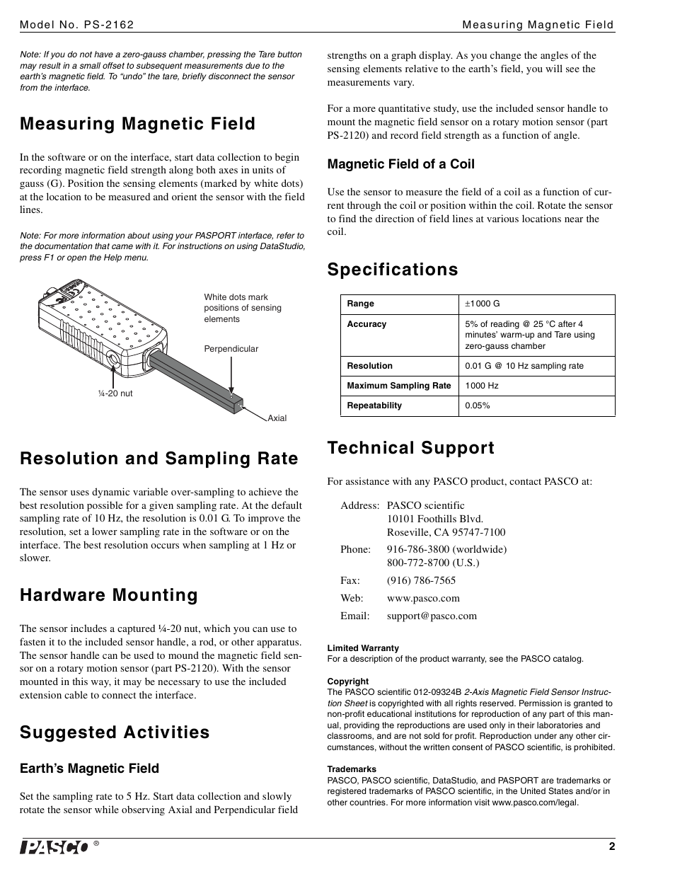 Measuring magnetic field, Resolution and sampling rate, Hardware mounting | Suggested activities, Specifications technical support | PASCO PS-2162 2-Axis Magnetic Field Sensor User Manual | Page 2 / 2