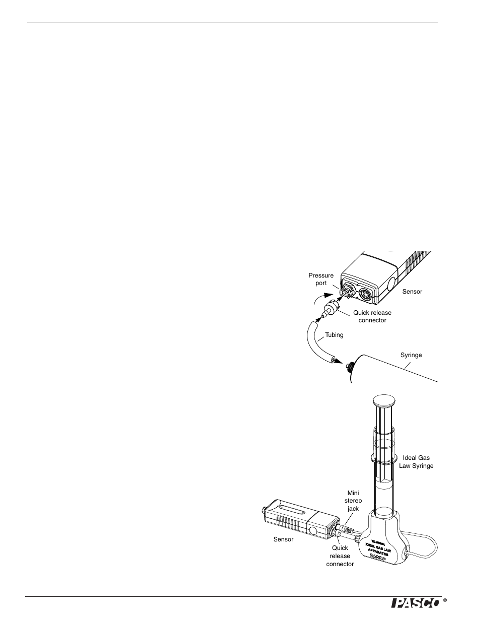 Introduction, Quick start, Connecting the syringe or a stopper | PASCO PS-2146 Absolute Pressure_Temperature Sensor User Manual | Page 2 / 4