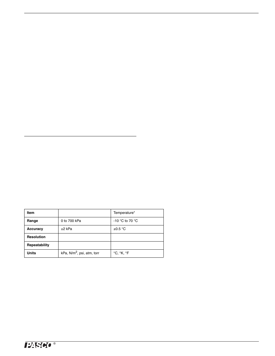 Calibration, Suggested uses, Specifications | PASCO PS-2146 Absolute Pressure_Temperature Sensor User Manual | Page 3 / 4